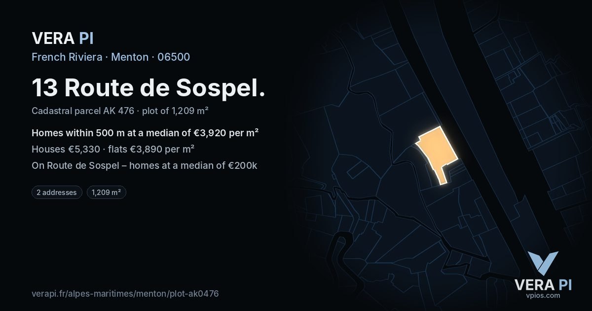 13 Route de Sospel, Menton at night – the plot lit, the parcels around coloured by the prices near them