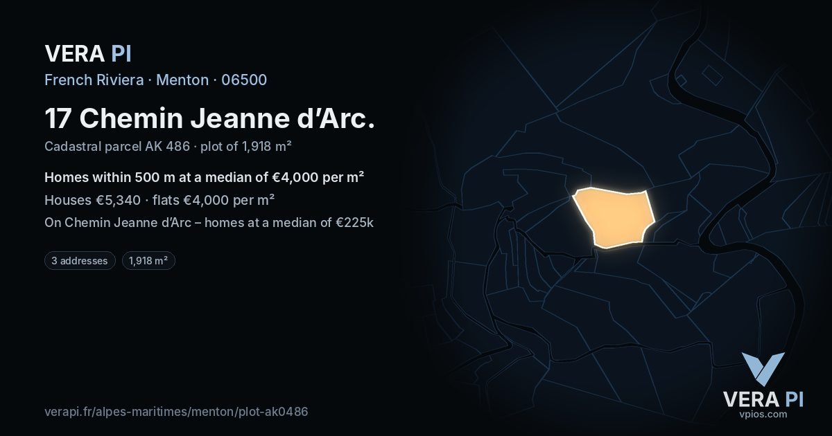 17 Chemin Jeanne d’Arc, Menton at night – the plot lit, the parcels around coloured by the prices near them
