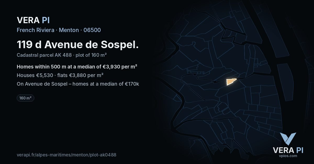 119 d Avenue de Sospel, Menton at night – the plot lit, the parcels around coloured by the prices near them