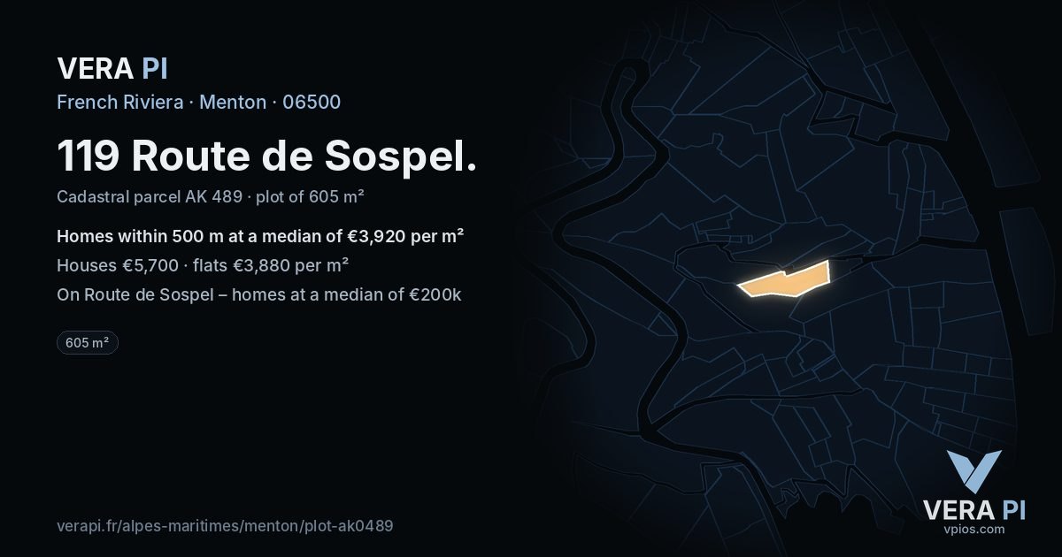 119 Route de Sospel, Menton at night – the plot lit, the parcels around coloured by the prices near them