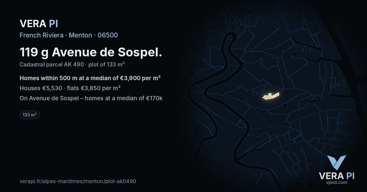 119 g Avenue de Sospel, Menton at night – the plot lit, the parcels around coloured by the prices near them