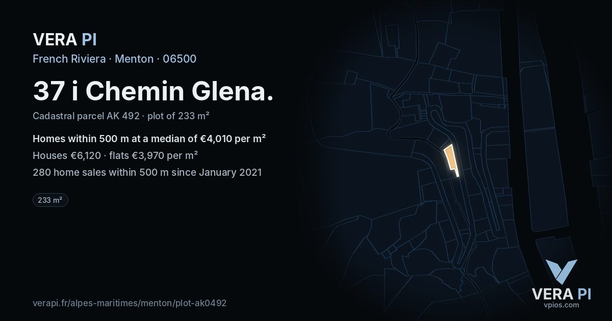37 i Chemin Glena, Menton at night – the plot lit, the parcels around coloured by the prices near them