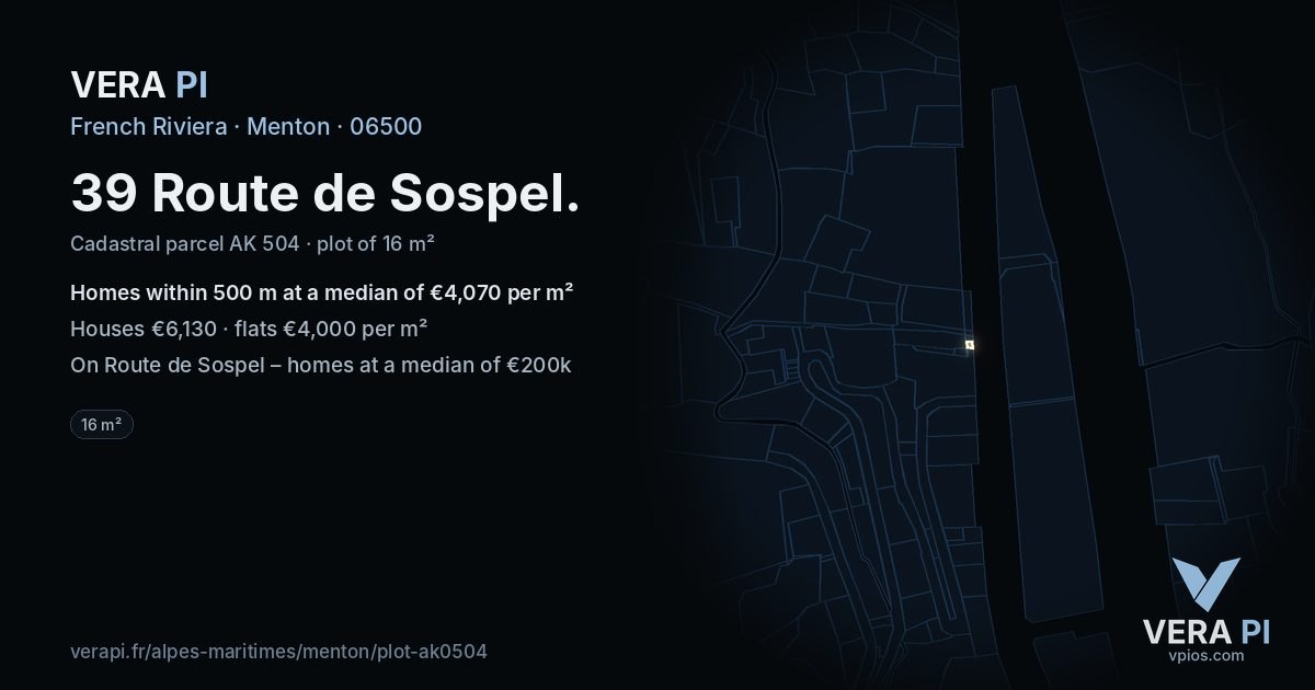 39 Route de Sospel, Menton at night – the plot lit, the parcels around coloured by the prices near them