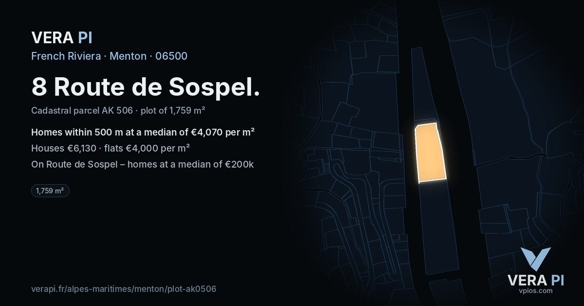 8 Route de Sospel, Menton at night – the plot lit, the parcels around coloured by the prices near them