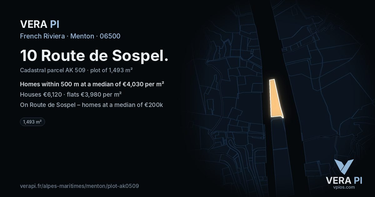 10 Route de Sospel, Menton at night – the plot lit, the parcels around coloured by the prices near them