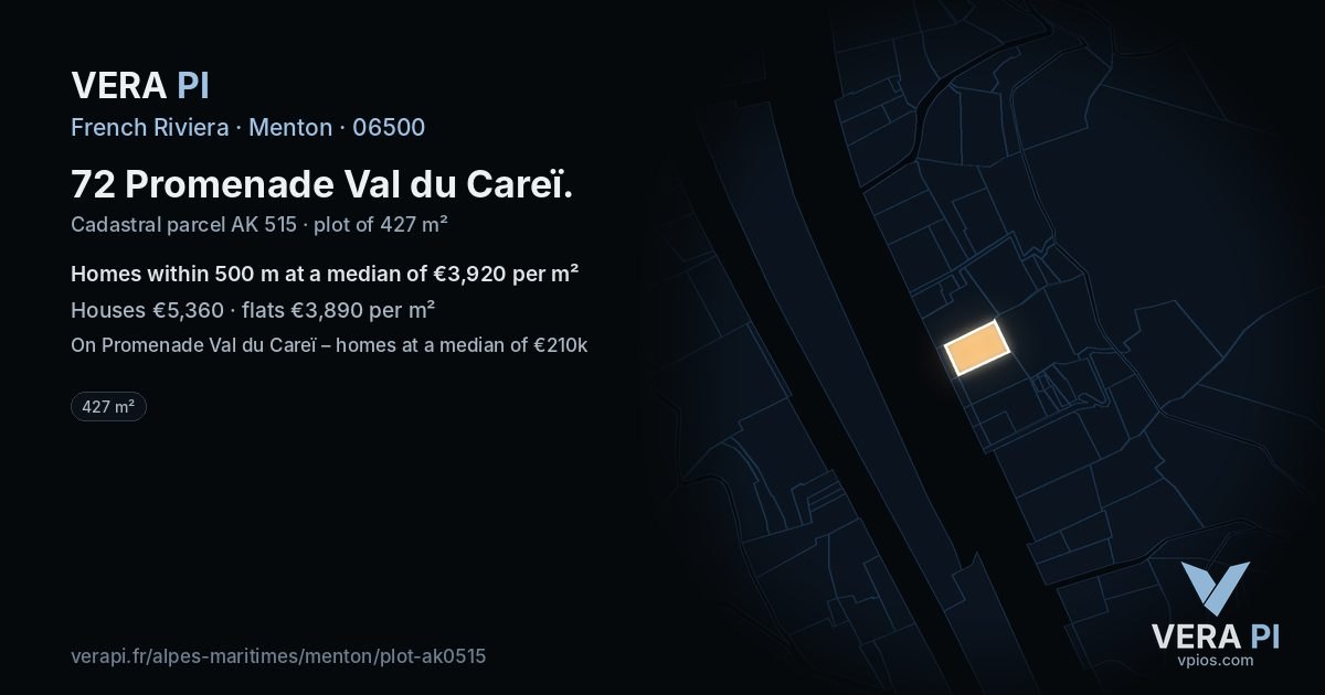 72 Promenade Val du Careï, Menton at night – the plot lit, the parcels around coloured by the prices near them