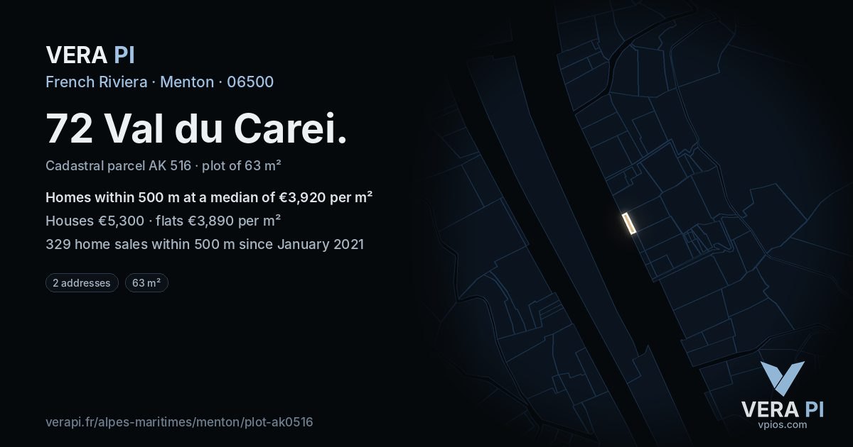 72 Val du Carei, Menton at night – the plot lit, the parcels around coloured by the prices near them