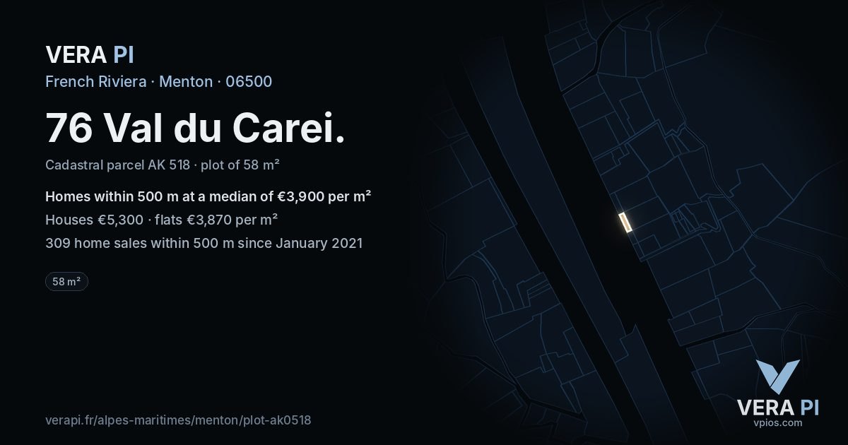76 Val du Carei, Menton at night – the plot lit, the parcels around coloured by the prices near them