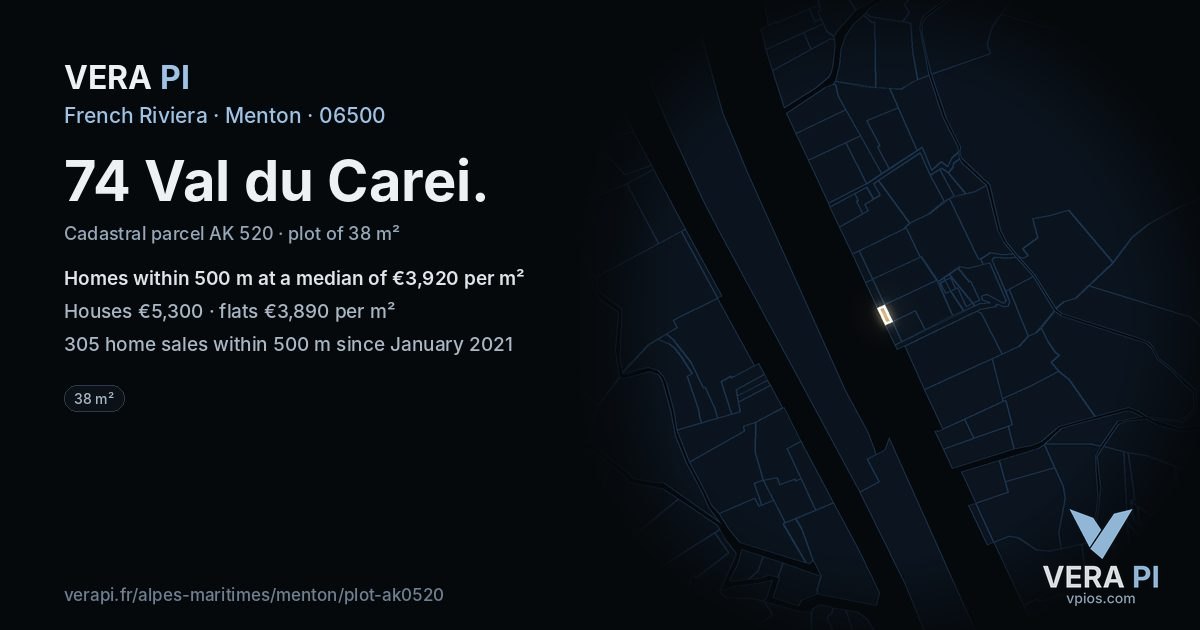 74 Val du Carei, Menton at night – the plot lit, the parcels around coloured by the prices near them