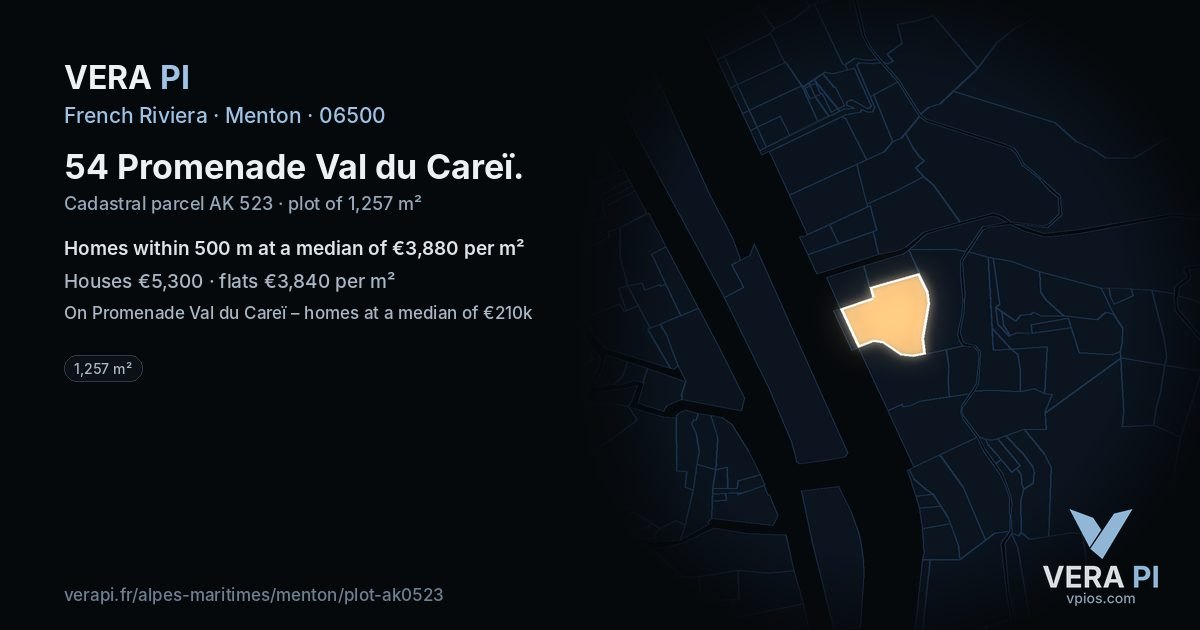 54 Promenade Val du Careï, Menton at night – the plot lit, the parcels around coloured by the prices near them