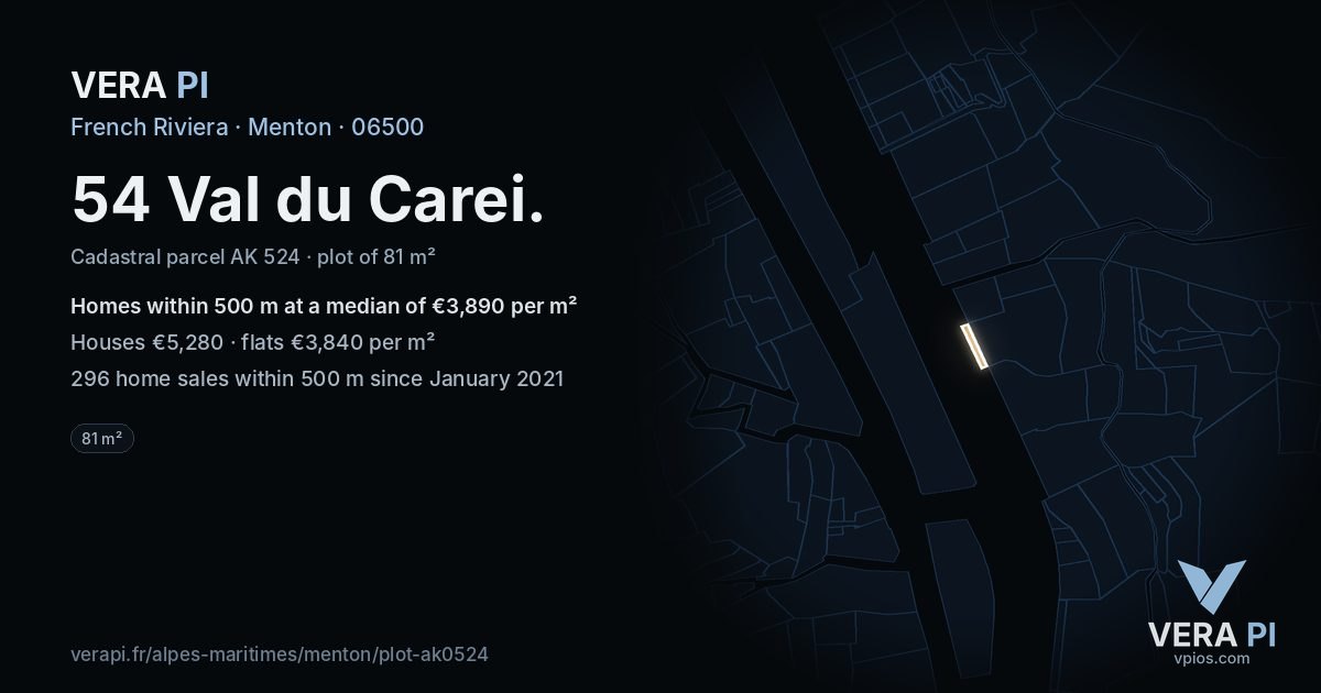 54 Val du Carei, Menton at night – the plot lit, the parcels around coloured by the prices near them