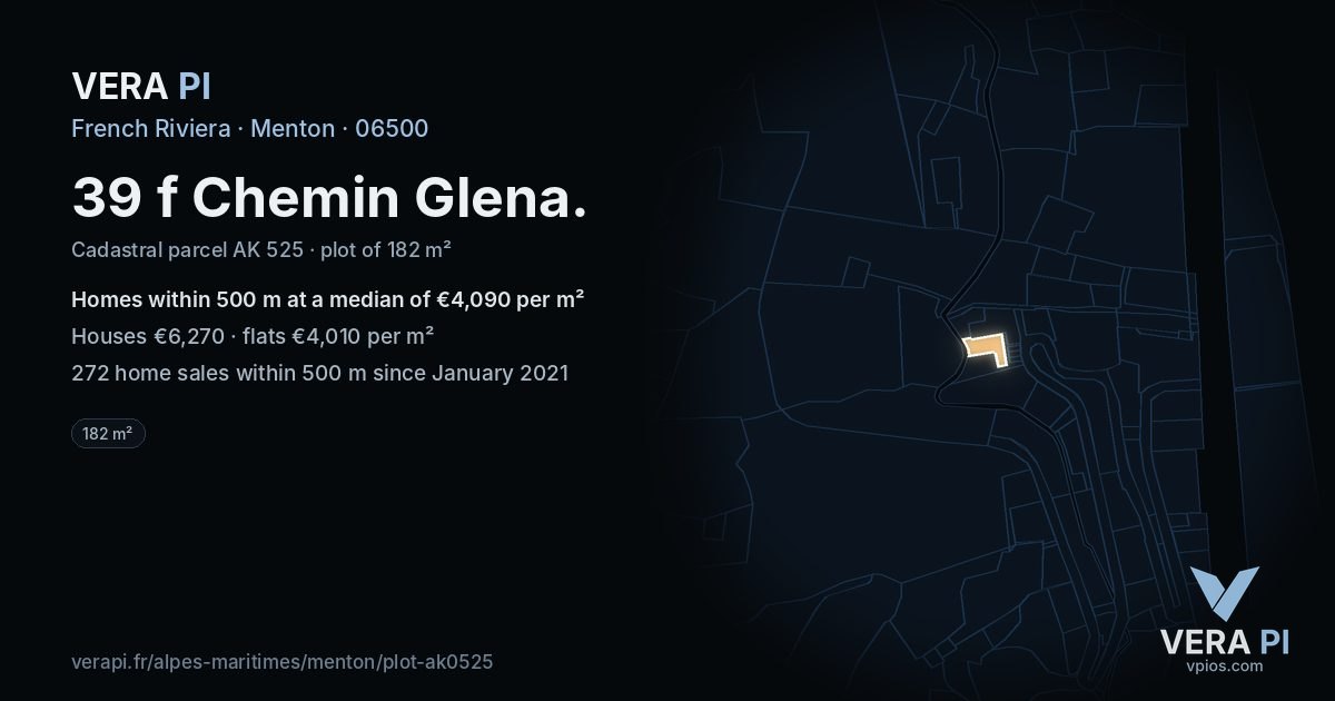39 f Chemin Glena, Menton at night – the plot lit, the parcels around coloured by the prices near them