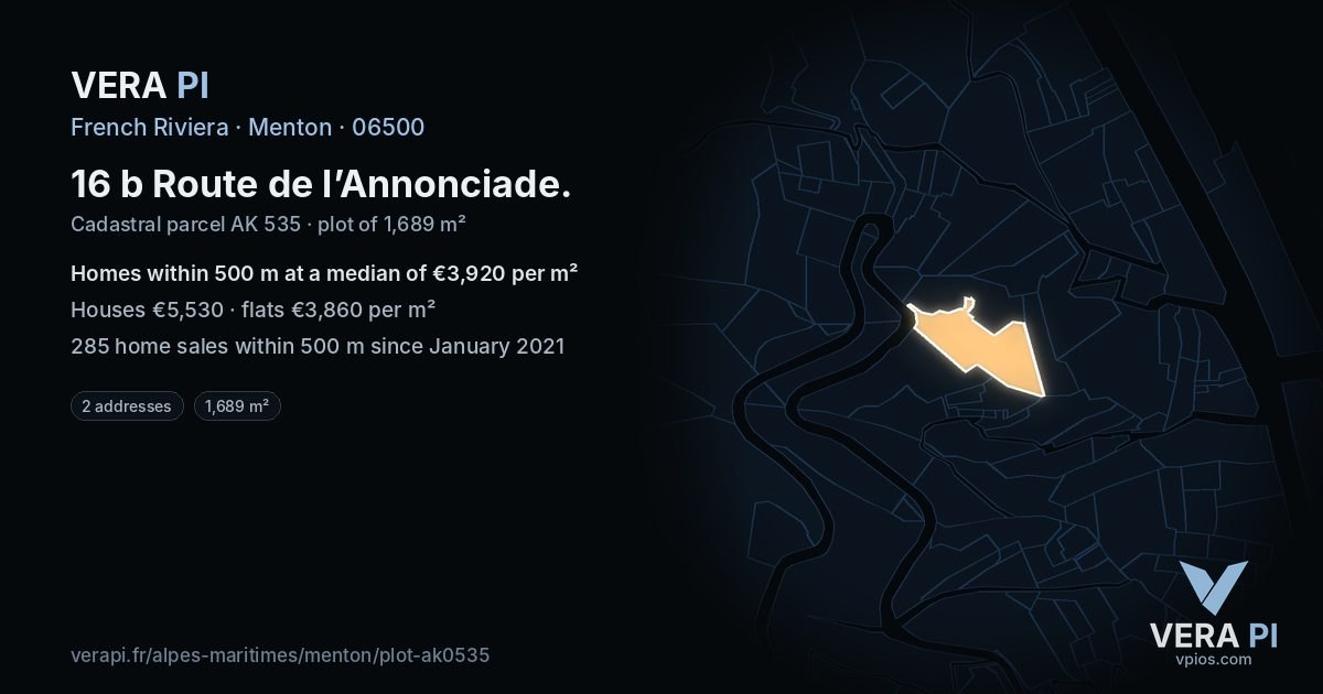 16 b Route de l’Annonciade, Menton at night – the plot lit, the parcels around coloured by the prices near them