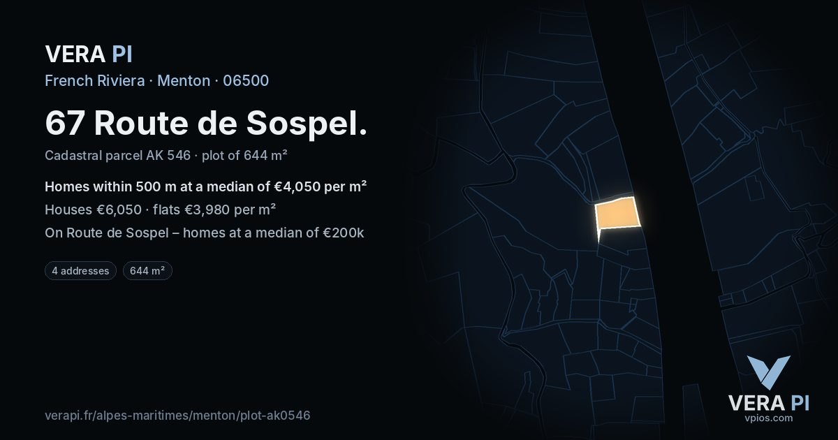 67 Route de Sospel, Menton at night – the plot lit, the parcels around coloured by the prices near them
