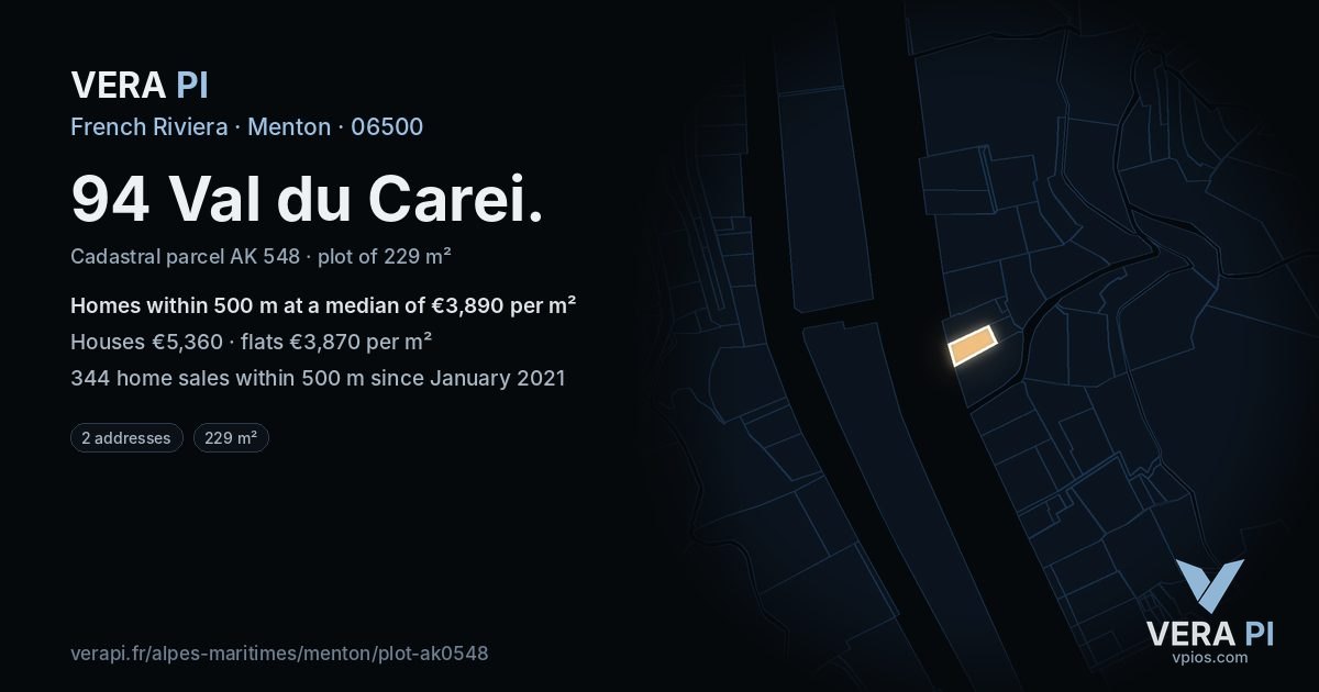 94 Val du Carei, Menton at night – the plot lit, the parcels around coloured by the prices near them