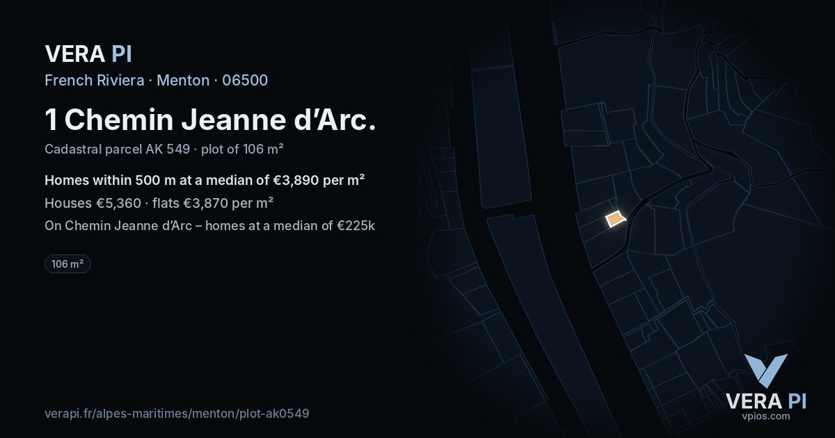 1 Chemin Jeanne d’Arc, Menton at night – the plot lit, the parcels around coloured by the prices near them