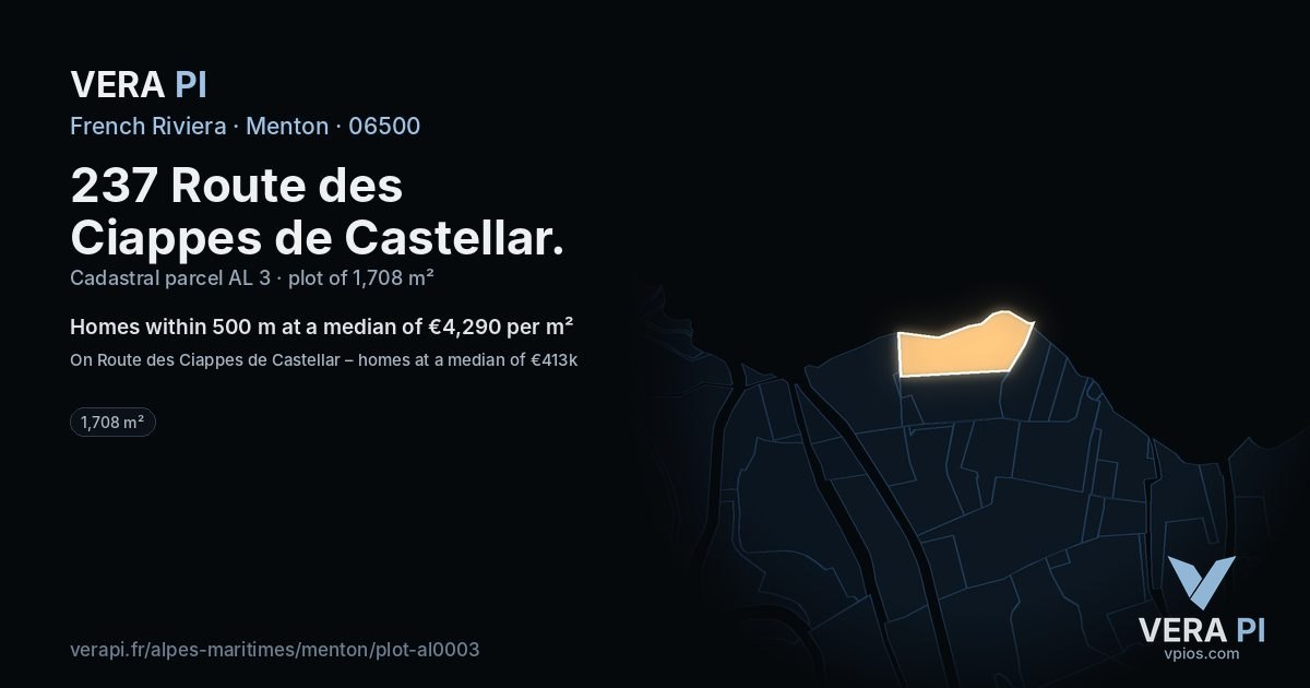 237 Route des Ciappes de Castellar, Menton at night – the plot lit, the parcels around coloured by the prices near them