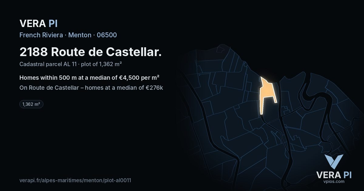 2188 Route de Castellar, Menton at night – the plot lit, the parcels around coloured by the prices near them