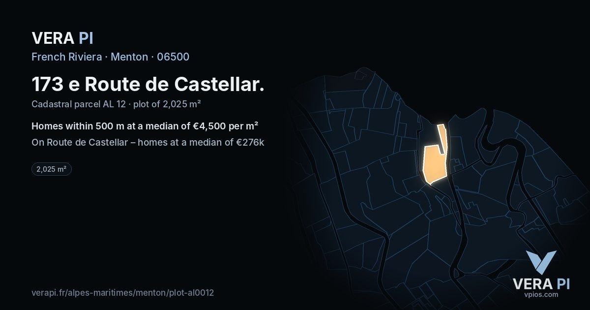 173 e Route de Castellar, Menton at night – the plot lit, the parcels around coloured by the prices near them