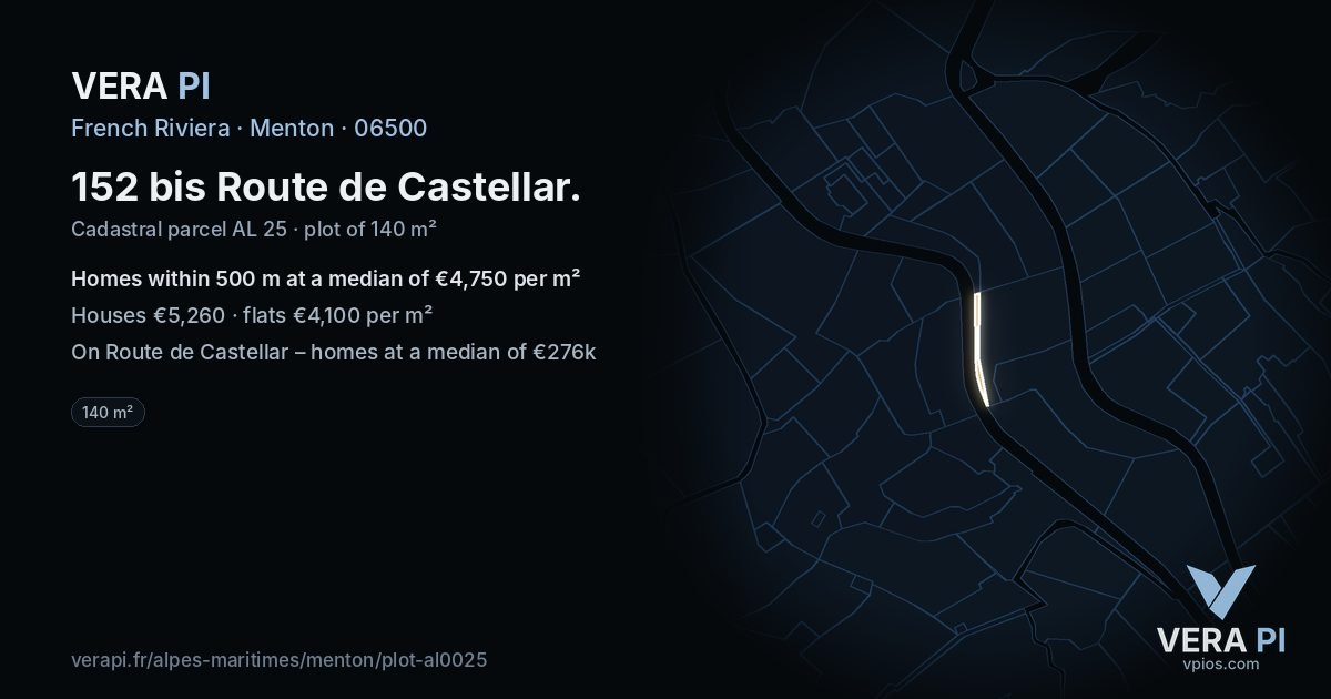 152 bis Route de Castellar, Menton at night – the plot lit, the parcels around coloured by the prices near them