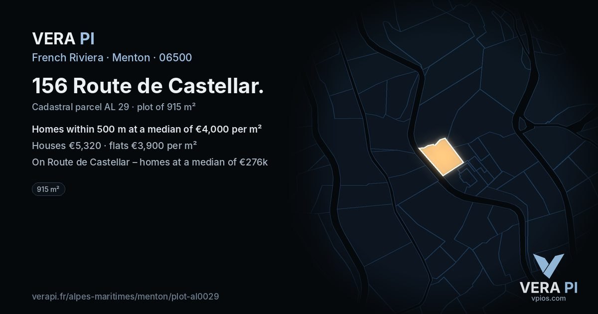 156 Route de Castellar, Menton at night – the plot lit, the parcels around coloured by the prices near them