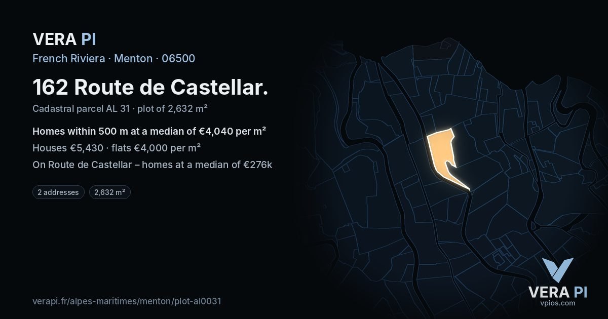 162 Route de Castellar, Menton at night – the plot lit, the parcels around coloured by the prices near them