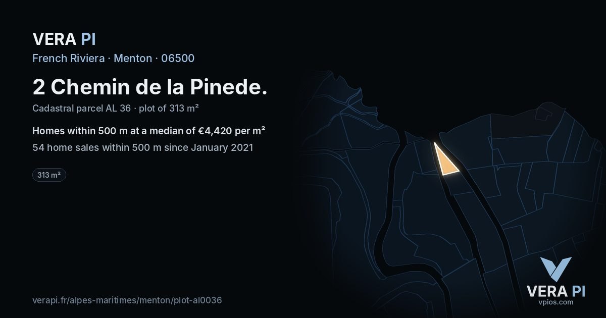 2 Chemin de la Pinede, Menton at night – the plot lit, the parcels around coloured by the prices near them