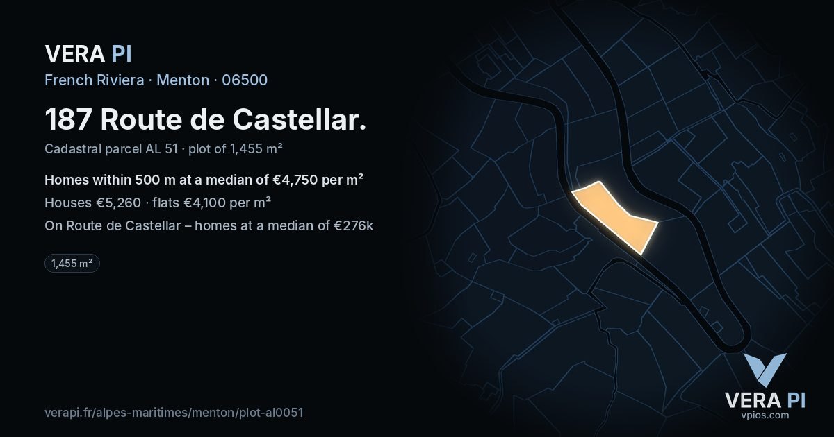 187 Route de Castellar, Menton at night – the plot lit, the parcels around coloured by the prices near them