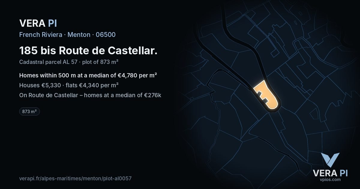 185 bis Route de Castellar, Menton at night – the plot lit, the parcels around coloured by the prices near them