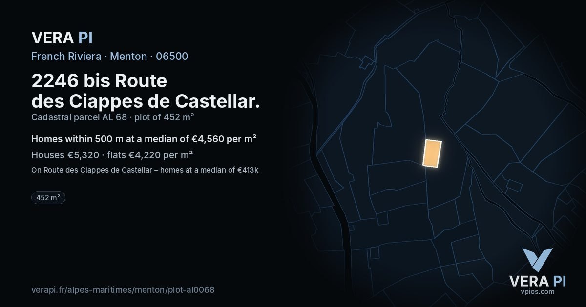 2246 bis Route des Ciappes de Castellar, Menton at night – the plot lit, the parcels around coloured by the prices near them