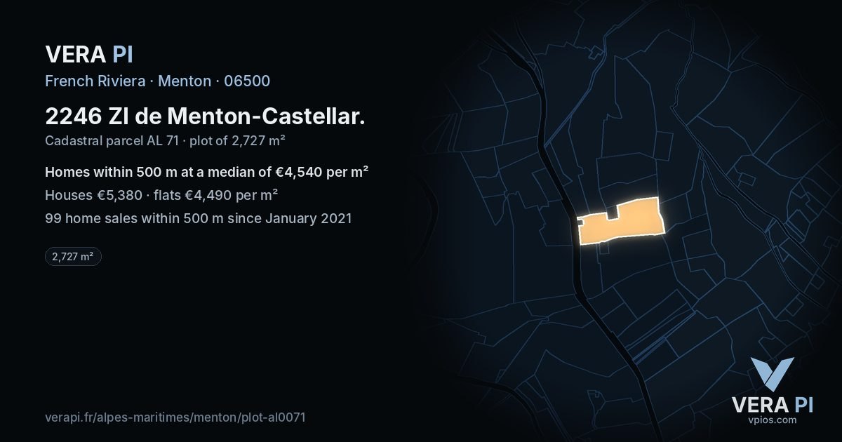 2246 ZI de Menton-Castellar, Menton at night – the plot lit, the parcels around coloured by the prices near them