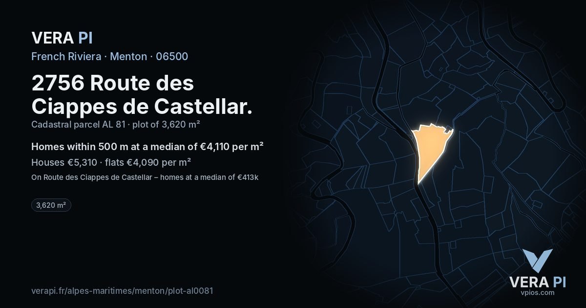 2756 Route des Ciappes de Castellar, Menton at night – the plot lit, the parcels around coloured by the prices near them