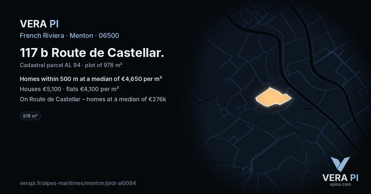 117 b Route de Castellar, Menton at night – the plot lit, the parcels around coloured by the prices near them