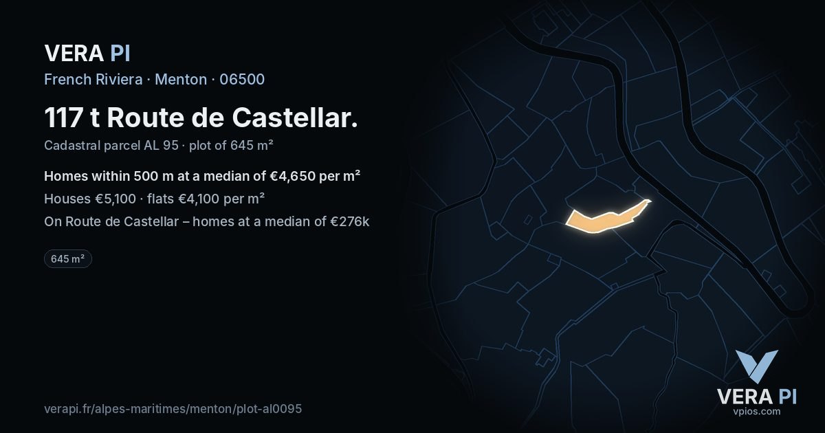 117 t Route de Castellar, Menton at night – the plot lit, the parcels around coloured by the prices near them