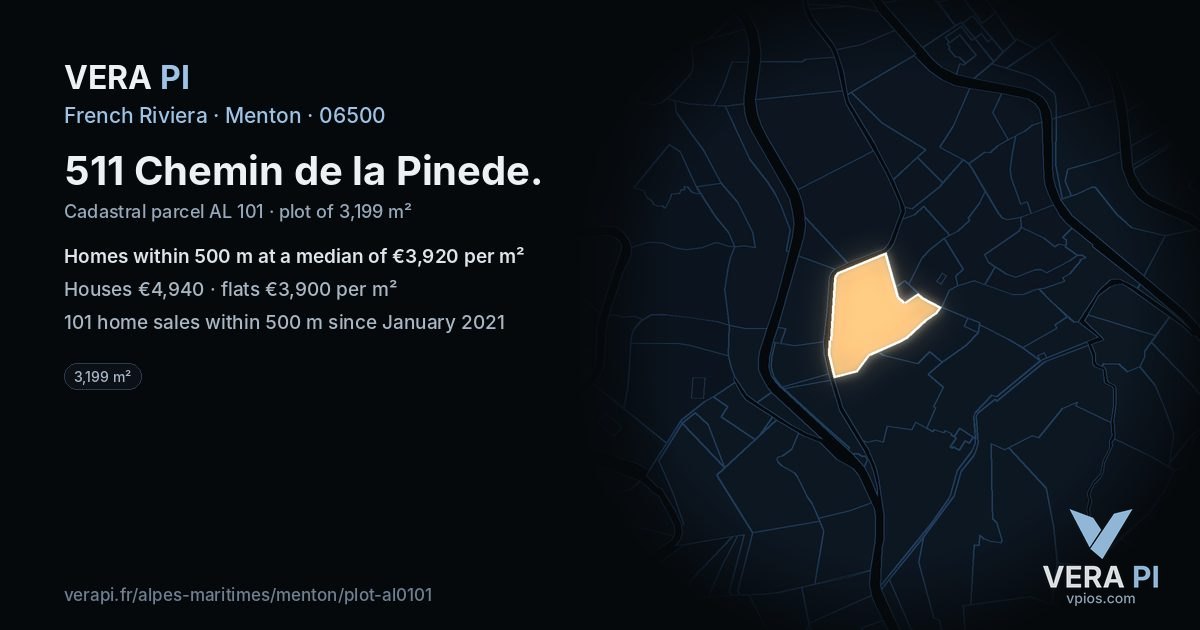 511 Chemin de la Pinede, Menton at night – the plot lit, the parcels around coloured by the prices near them