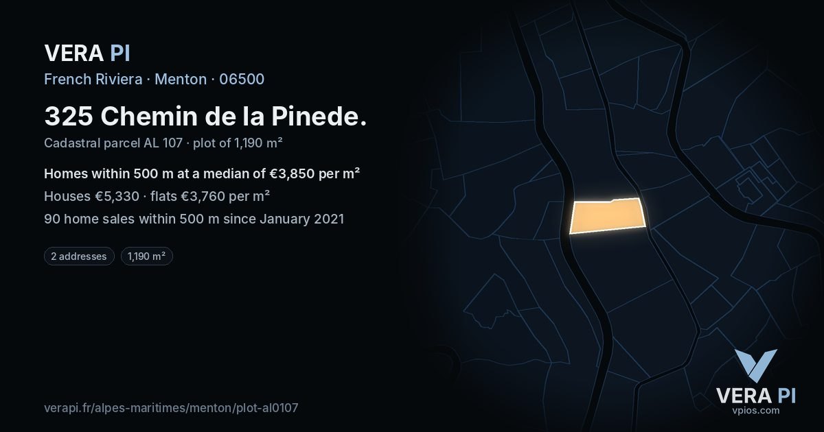 325 Chemin de la Pinede, Menton at night – the plot lit, the parcels around coloured by the prices near them