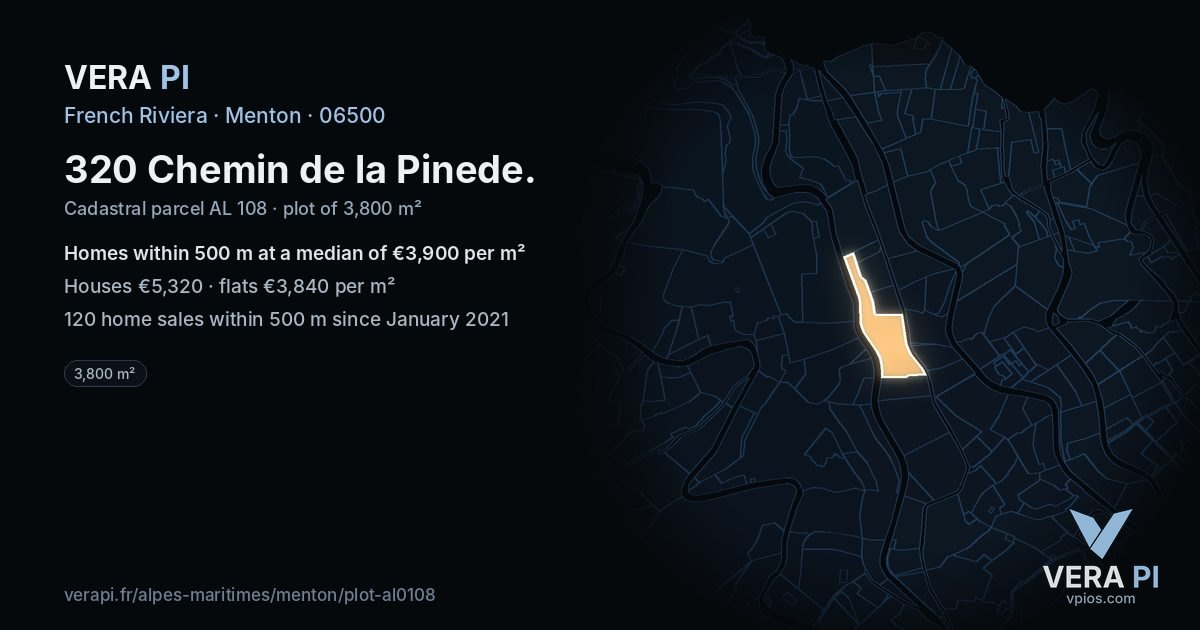 320 Chemin de la Pinede, Menton at night – the plot lit, the parcels around coloured by the prices near them