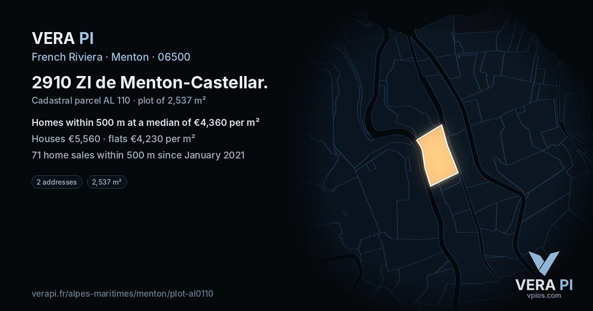 2910 ZI de Menton-Castellar, Menton at night – the plot lit, the parcels around coloured by the prices near them