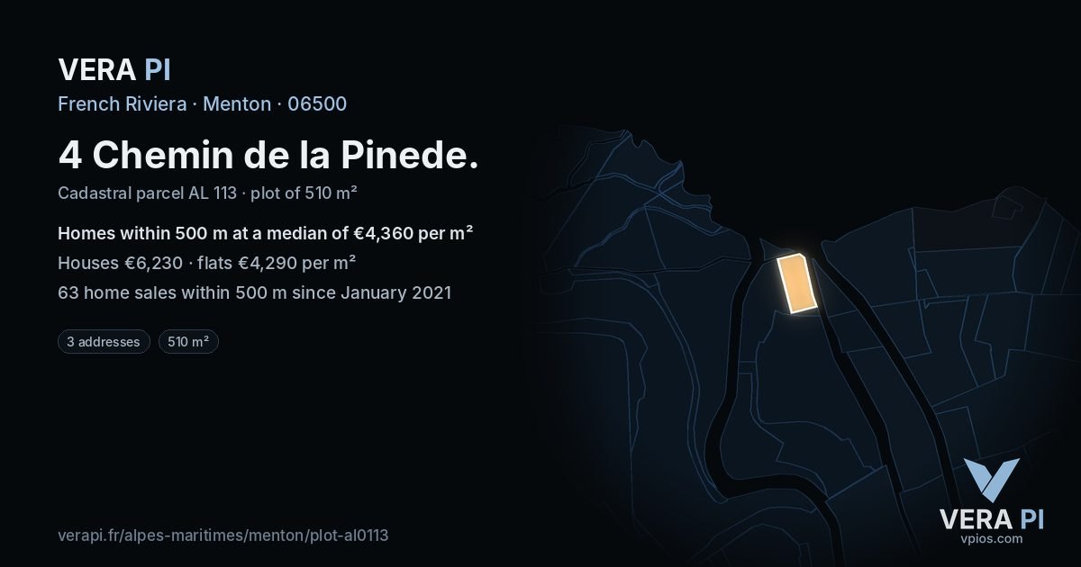 4 Chemin de la Pinede, Menton at night – the plot lit, the parcels around coloured by the prices near them