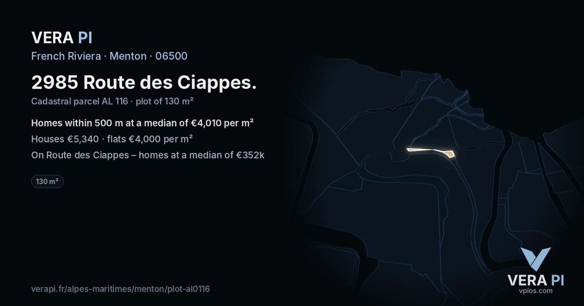 2985 Route des Ciappes, Menton at night – the plot lit, the parcels around coloured by the prices near them