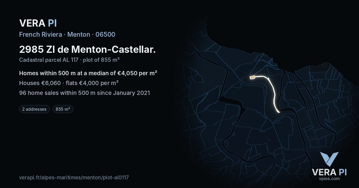 2985 ZI de Menton-Castellar, Menton at night – the plot lit, the parcels around coloured by the prices near them