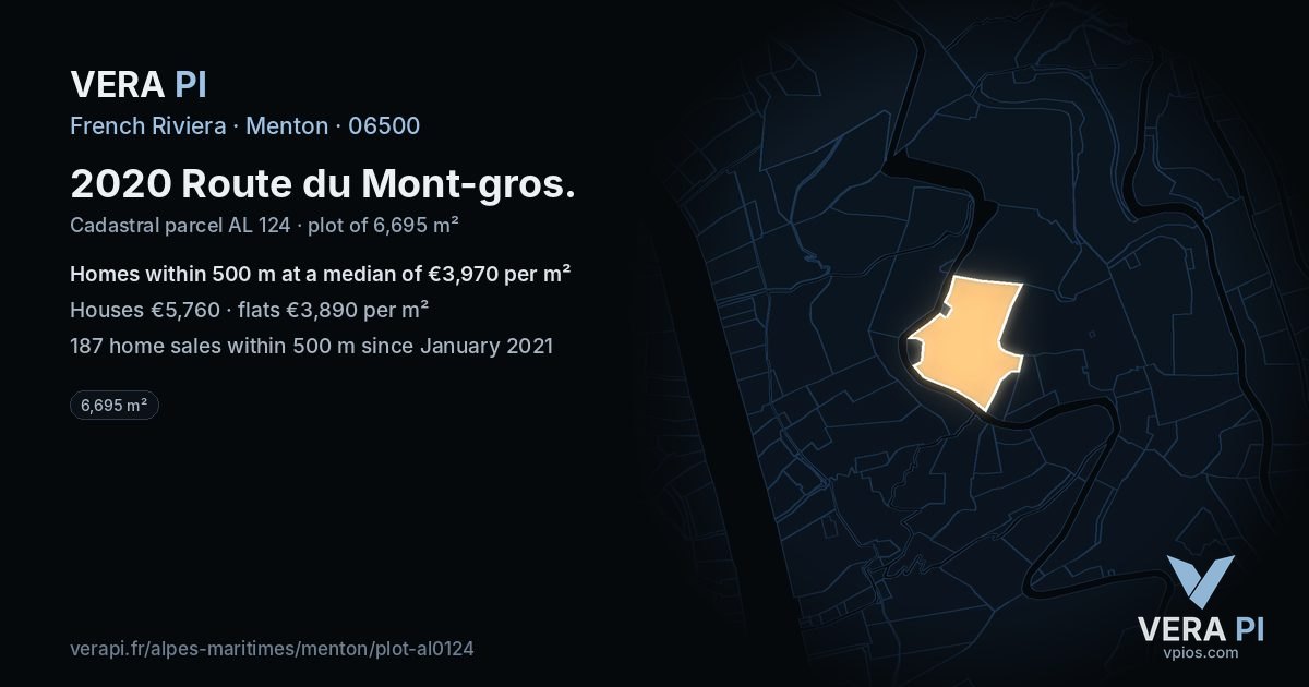 2020 Route du Mont-gros, Menton at night – the plot lit, the parcels around coloured by the prices near them