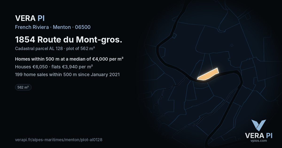 1854 Route du Mont-gros, Menton at night – the plot lit, the parcels around coloured by the prices near them