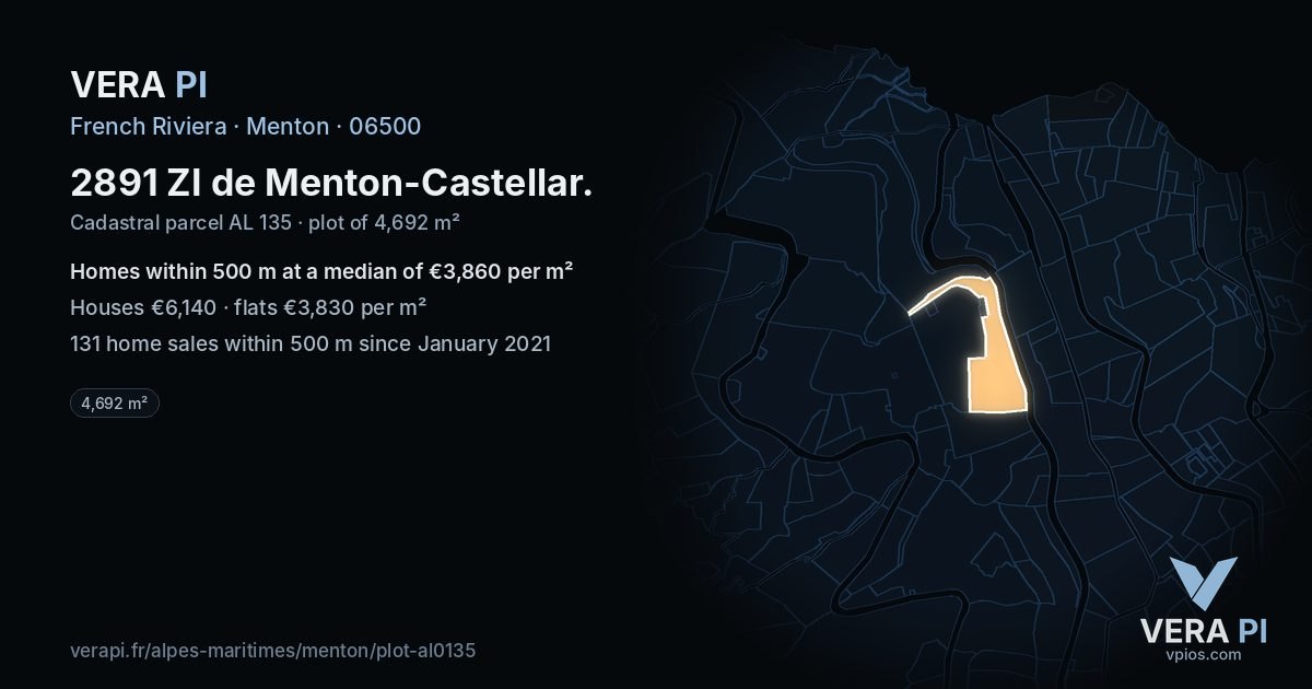 2891 ZI de Menton-Castellar, Menton at night – the plot lit, the parcels around coloured by the prices near them