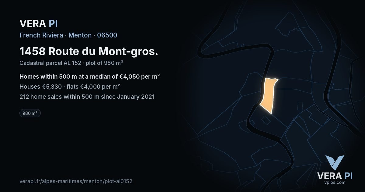 1458 Route du Mont-gros, Menton at night – the plot lit, the parcels around coloured by the prices near them