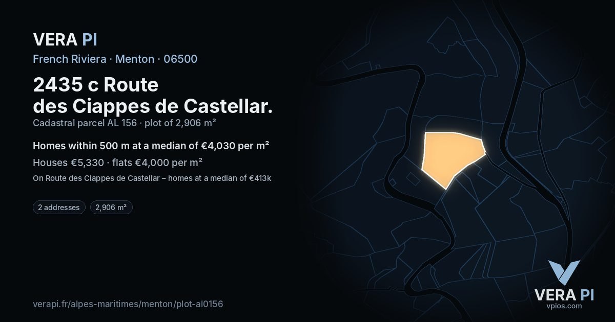 2435 c Route des Ciappes de Castellar, Menton at night – the plot lit, the parcels around coloured by the prices near them