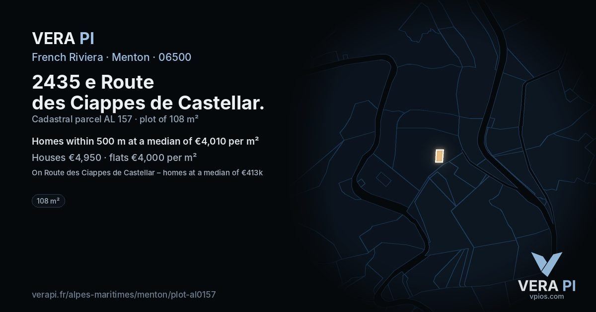 2435 e Route des Ciappes de Castellar, Menton at night – the plot lit, the parcels around coloured by the prices near them