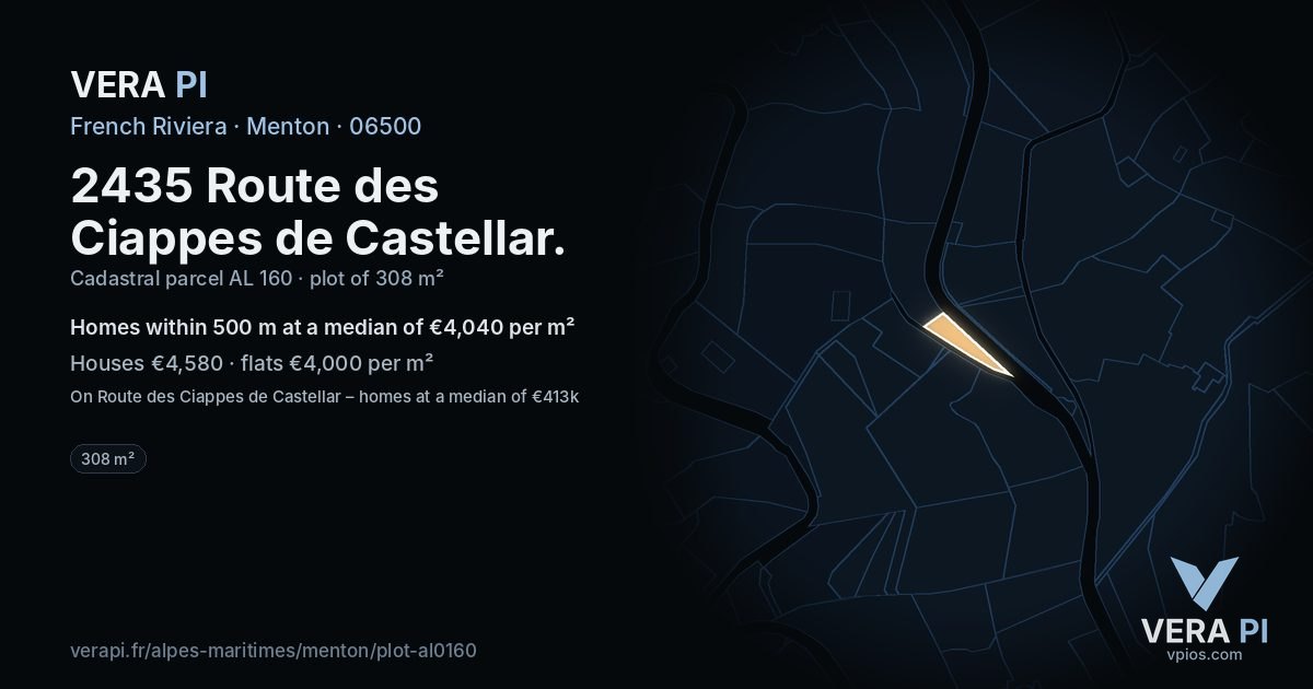 2435 Route des Ciappes de Castellar, Menton at night – the plot lit, the parcels around coloured by the prices near them