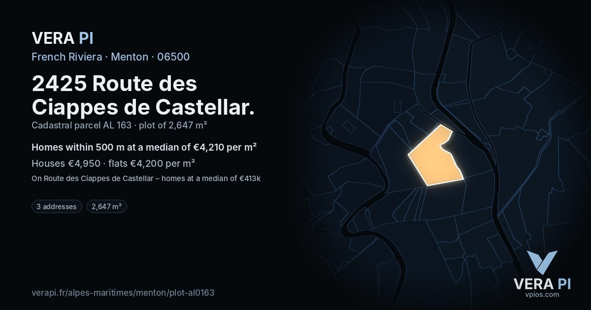 2425 Route des Ciappes de Castellar, Menton at night – the plot lit, the parcels around coloured by the prices near them
