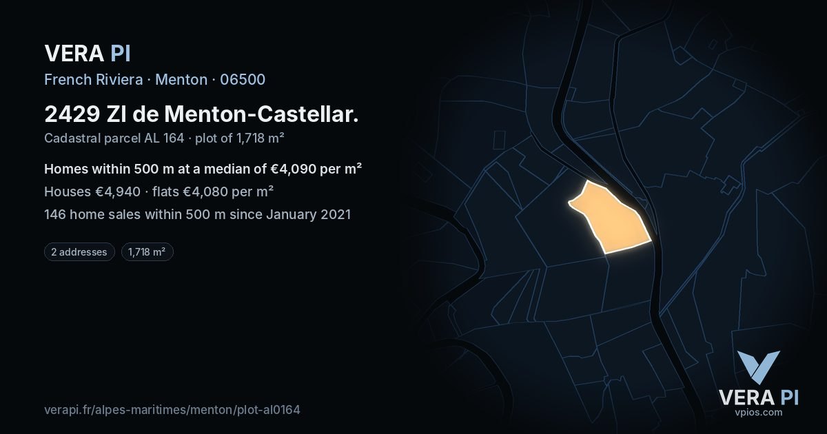 2429 ZI de Menton-Castellar, Menton at night – the plot lit, the parcels around coloured by the prices near them